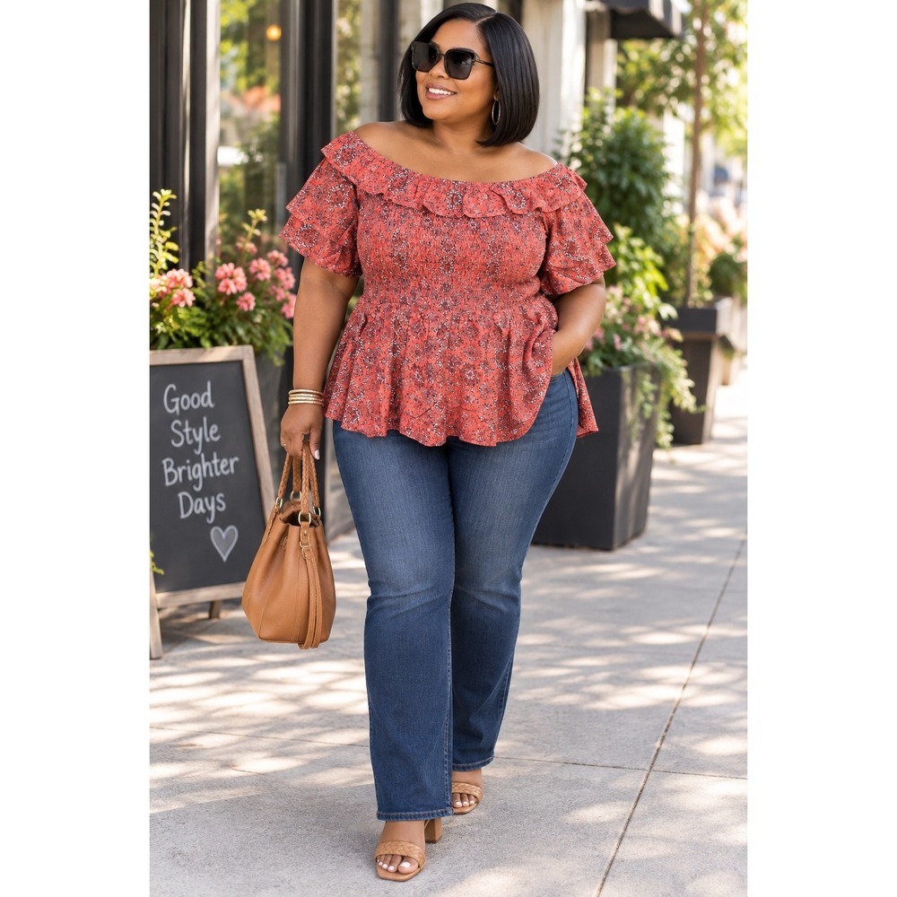 New Maurices Womans Sz 4X Plus Texas Rose Medallion Smocked Off The Shoulder NWT